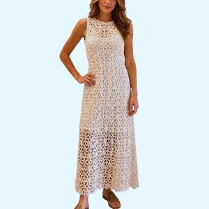 INA Cream Floral Crochet Lace Sleeveless Maxi Dress Size L IDL9557 Ivory Boho